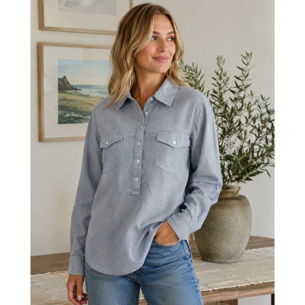 Coldwater Creek Tunic Blue Pinstripe Shaped Cotton Roll-Tab Sleeve XL
